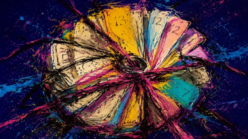 Carousel of Delay An index card carousel crushed into a tangled loop, representing wait-mode procrastination and the