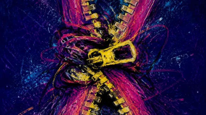 A distorted zipper engulfed by tangled strokes, representing anxious pursuit, compulsive contact,む