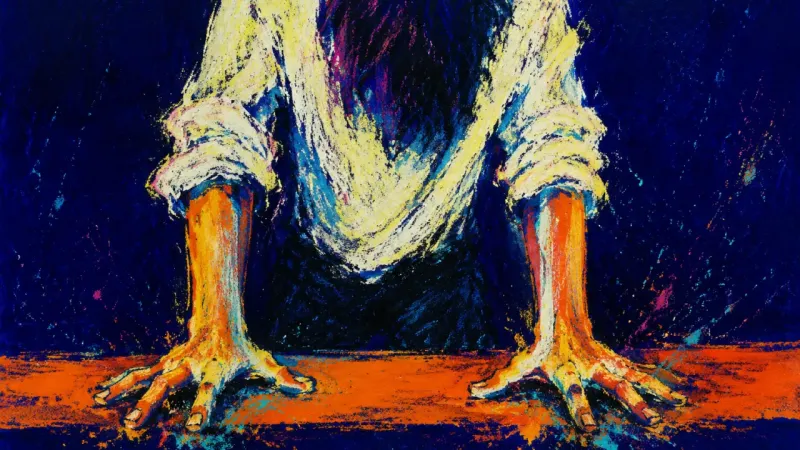 A worker presses both palms into a desk after hours, reflecting the strain of higher-level work