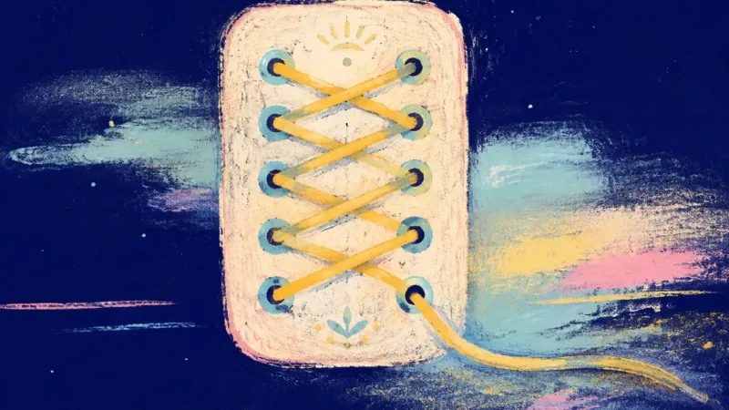 A restored lacing card with one ordered cord path represents explicit progression criteria, balanced