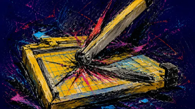 The Collapsed Measure A deformed paper cutter bound by chaotic lines, representing revision dread and the collapse ofmanus