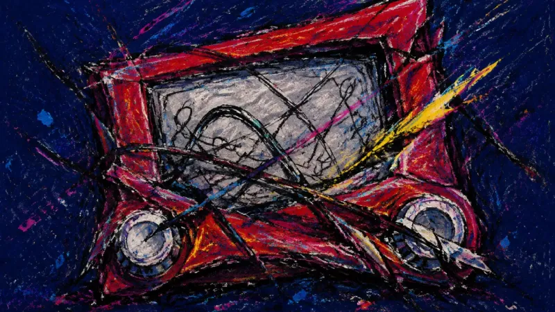 The Predrawn Verdict A crushed drawing toy filled with a tangled looping path, representing choice paralysis when old.