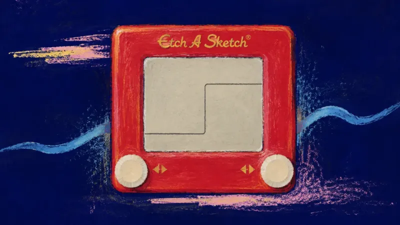 Room to Redraw A restored drawing toy holds one clear, revisable path, representing grounded agency as present-day