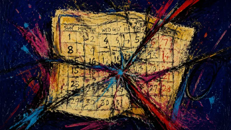 The Stalled Calendar A compressed calendar grid represents post-trip dread, resistance to routine, and the pressure of an