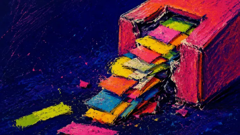 Archive of Almost A page-flag dispenser tears as every marker is pulled at once, symbolising a self-help loop that re