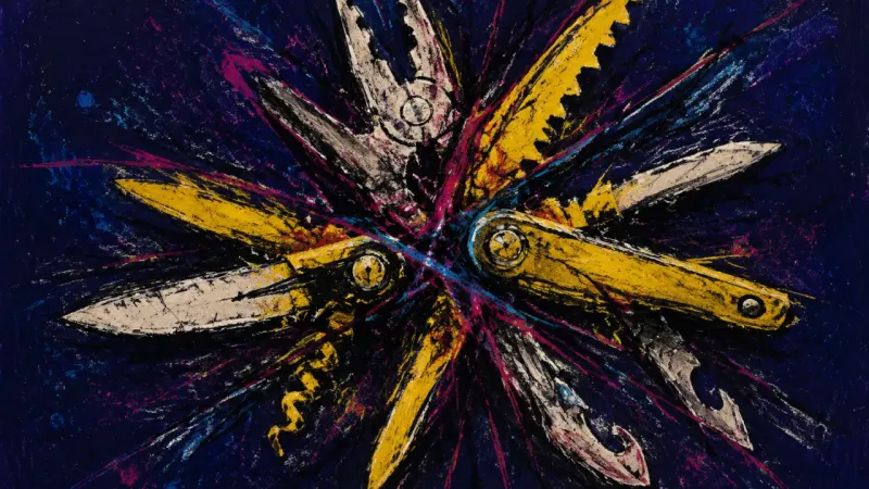 Paralysis of Implements A tangled multitool represents shame and overanalysis as compulsive self-help consumption keeps