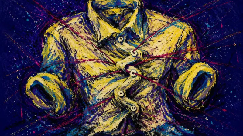 Misbuttoned Truth A misbuttoned shirt strangled by chaotic lines, representing slow fading, overanalysis, and fear of