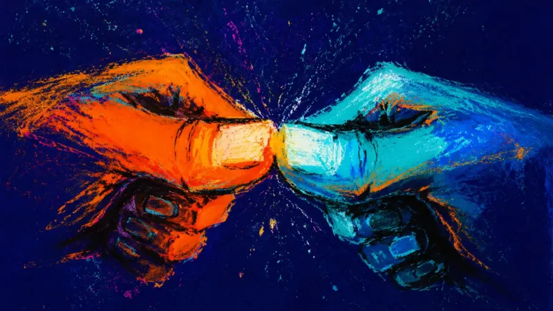 Two hands grind their thumbs together in a tight loop, symbolizing fear of rejoining friends before