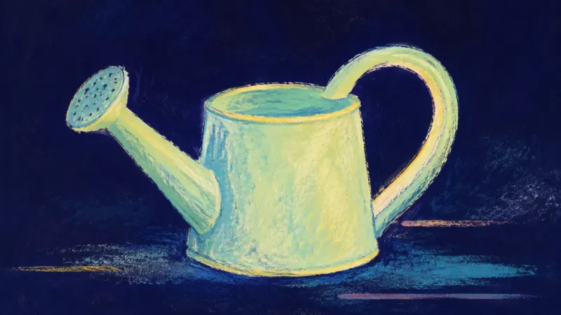 A restored watering can with ordered contours, representing bounded reconnection and belonging while