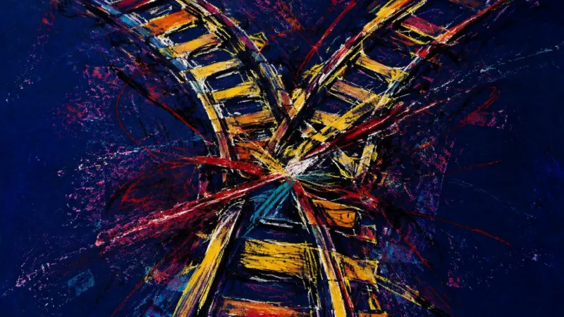 A railway switch folds back into a bound, chaotic junction, representing replacement panic and the