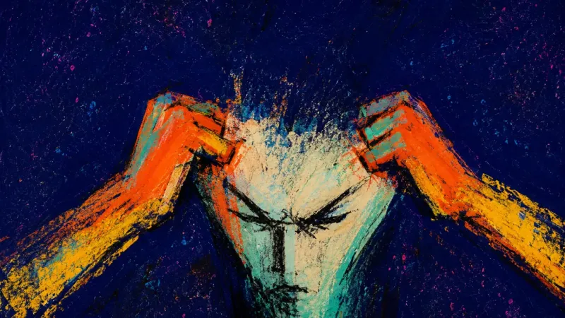 Two hands grind their knuckles into a compressed head outline, symbolizing compulsive overwork after