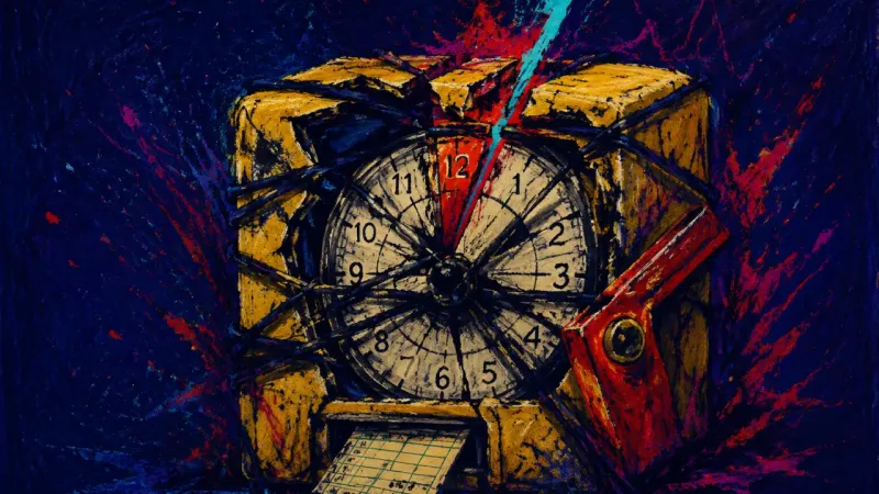Hours Without Arrival A crushed punch clock tangled by chaotic lines, representing overwork and lost direction after a