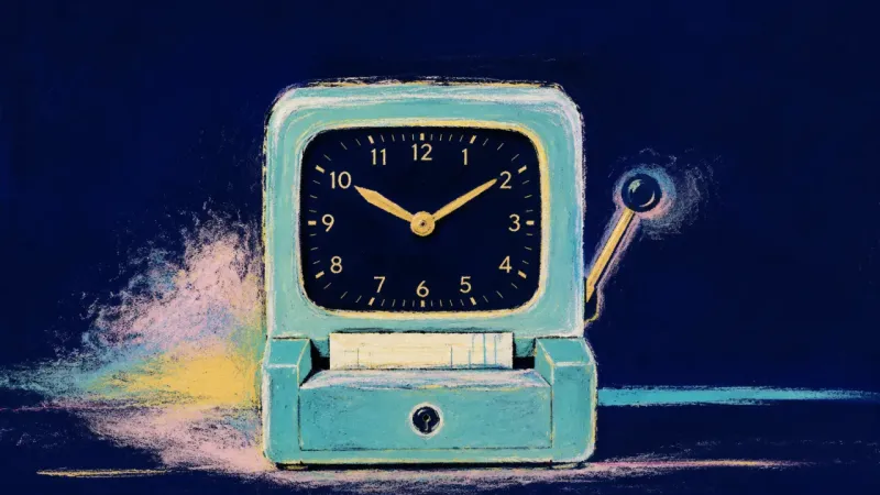 Hours Returned to Self A restored punch clock with ordered divisions, representing clear work boundaries and self-worth no