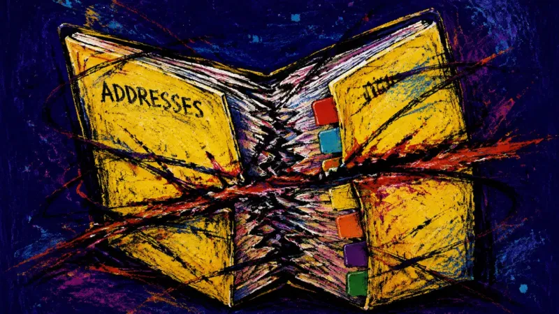 Contacts Under Siege An address book crushed by tangled lines, representing recommendation request paralysis and fear of