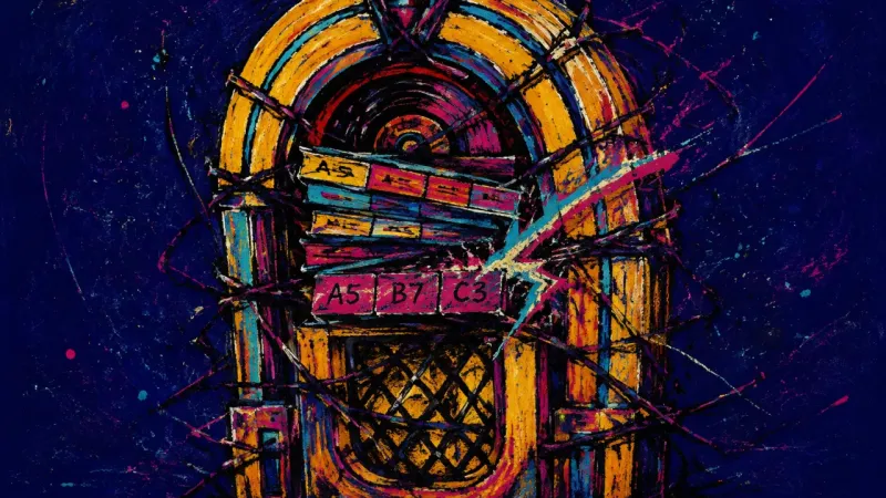 A distorted jukebox trapped by repeating lines, representing family-role regression and the loss of