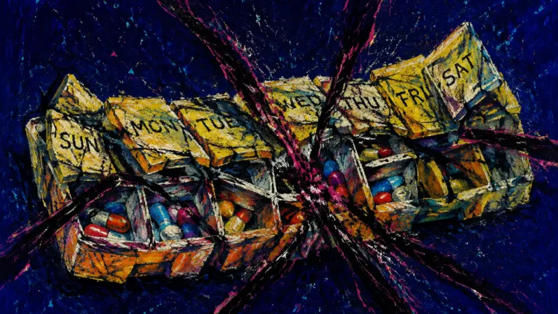 Compartments Under Pressure A pill organizer crushed into tangled compartments, representing post-breakup procrastination and th