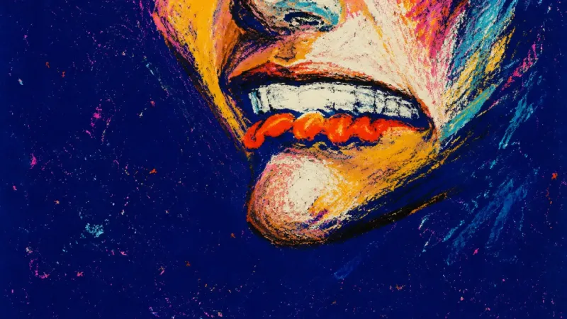 Insight Without Exit An abstract lower face bites its lip, symbolizing the tension of recognizing a career mismatch while