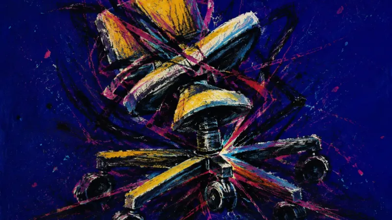 Stalled Rotation A crushed office chair tangled in chaotic lines, representing career drift, stalled action, and the