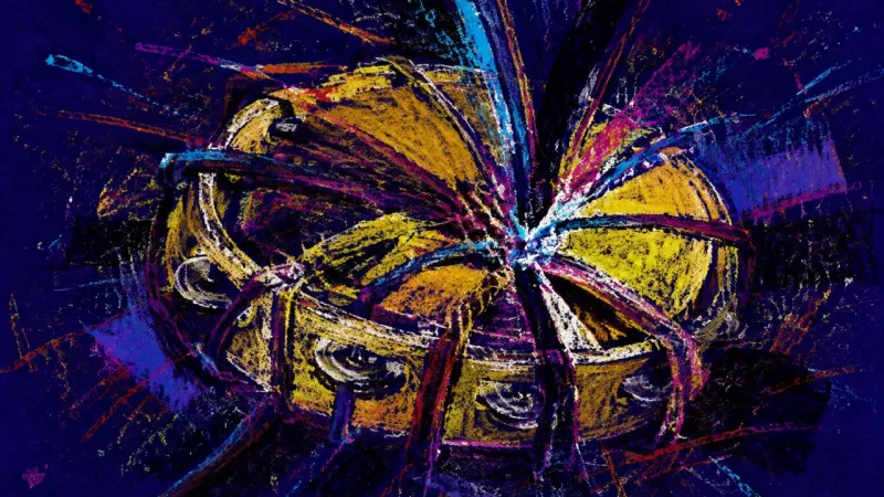 A distorted tambourine trapped by crossing lines, representing fear-driven belonging, social