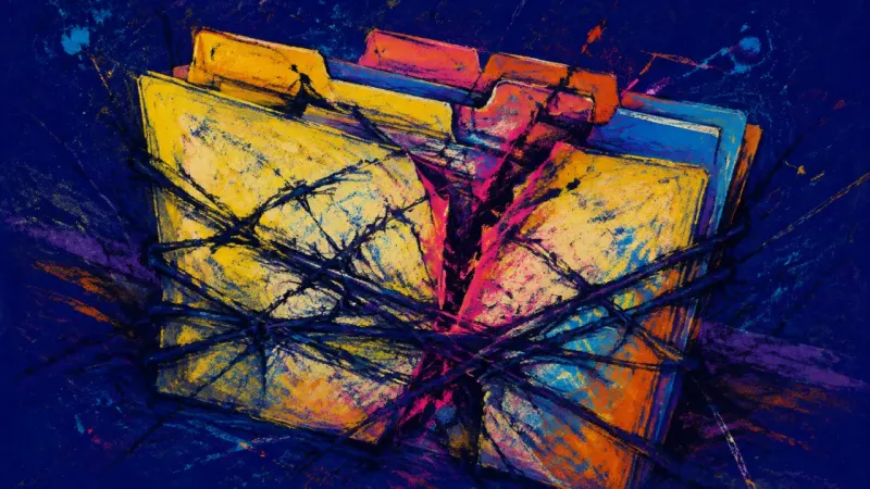 Compressed Options An abstract portfolio folder crushed by tangled lines, representing contract-to-hire limbo and