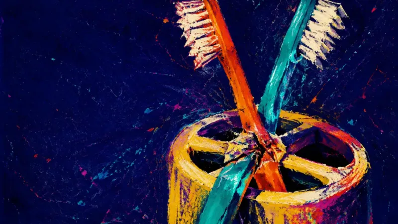 Two toothbrushes are forced into one split holder, symbolizing a new attachment crowded over a