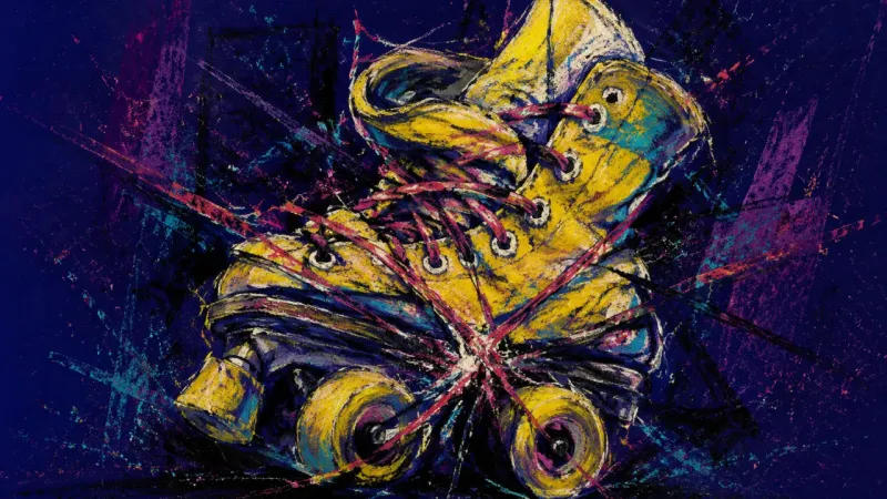 A deformed roller skate is trapped in tangled lines, representing rebound urgency, unresolved