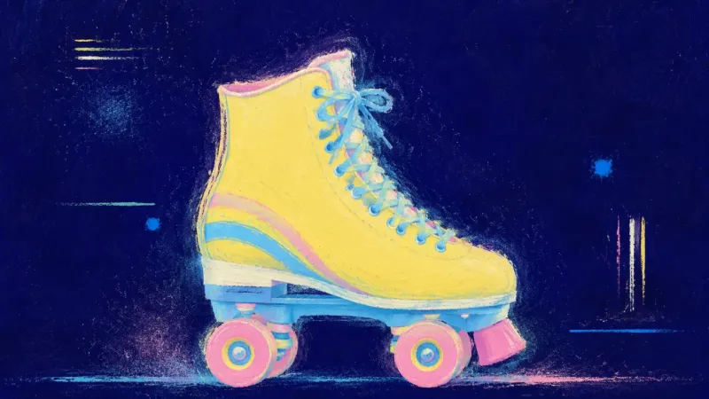 A restored roller skate with evenly spaced wheels and ordered laces represents processed grief and a