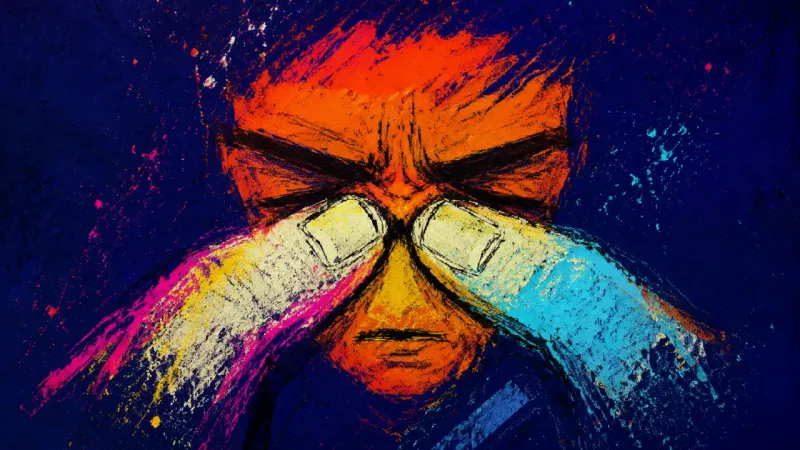 The Useful Ache Two fingers pinch the bridge of a nose under sustained strain, reflecting exhaustion used to avoid d
