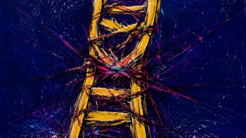 Rungs Under Siege A crushed step ladder bound by chaotic lines, representing course collecting, performance avoidance,