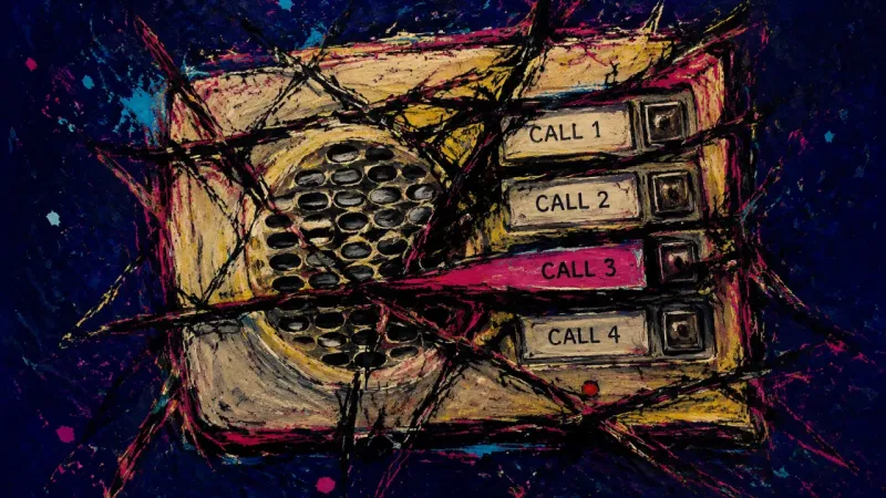 Collapsed Channels An intercom crushed into a tangled panel, representing vagueposting, validation seeking, and fear of