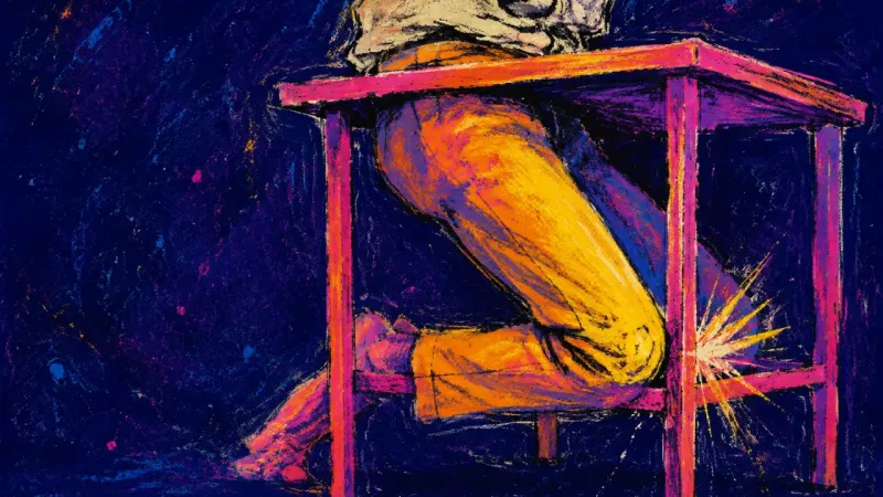 Adult knees jam against a child-sized dining table, symbolizing family belonging that demands a