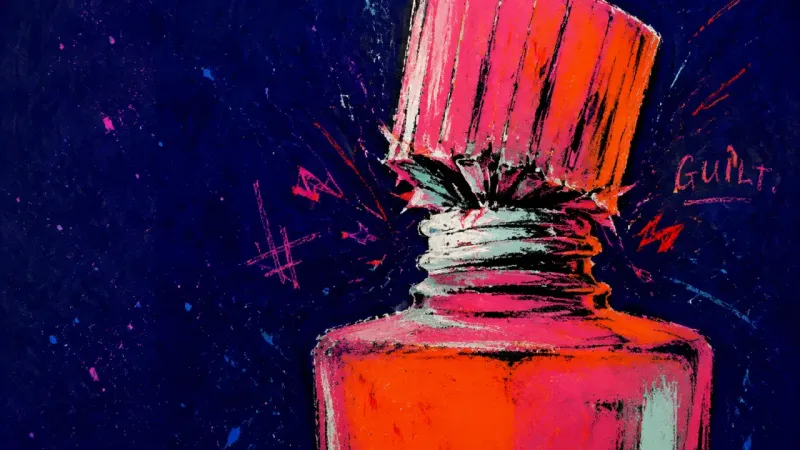Sealed Desire A nail polish bottle forced shut, symbolizing guilt that turns personal desire into a test of worth.
