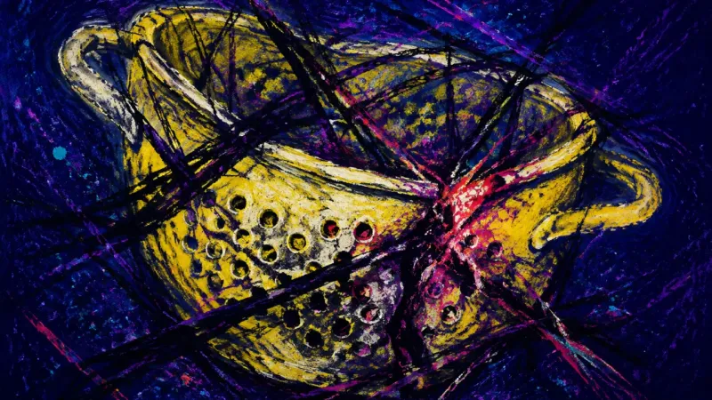Clogged Permission A crushed colander tangled in dense lines, representing guilt, inherited rules, and paralysis around