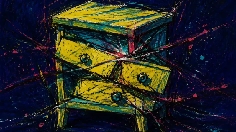 Nightstand Under Siege A deconstructed nightstand overwhelmed by tangled lines, representing hypervigilance and the