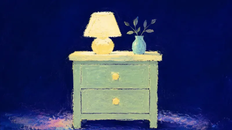 Rest Surface Restored A restored nightstand with aligned drawers and a clear surface, representing grounded calm and a one