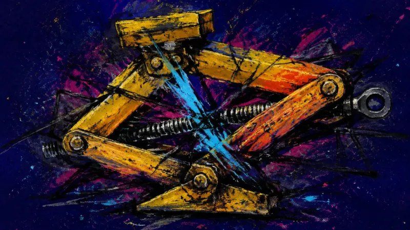 Support Under Siege A scissor jack crushed into a tangled barricade, representing analysis paralysis and the fear that