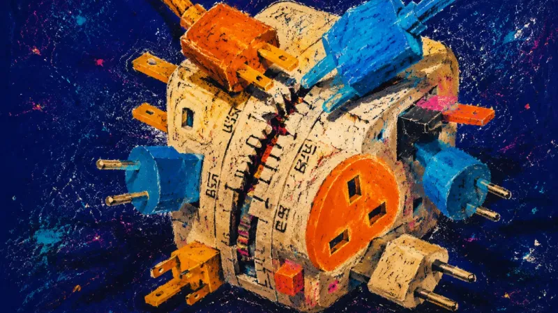 Everywhere, Unplugged A universal travel adapter jammed with every plug setting extended, symbolizing constant movement