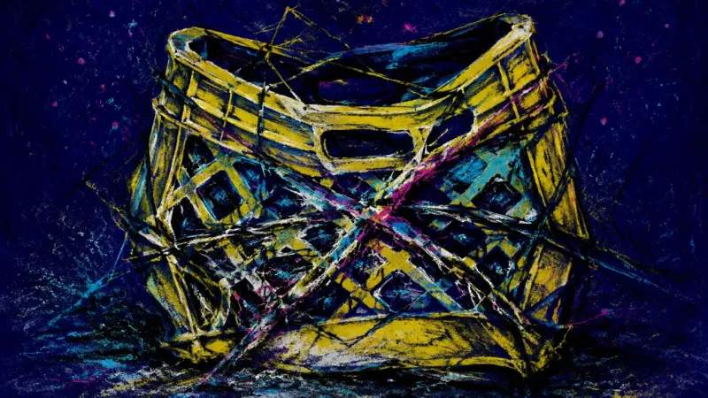 Crushed Return Point A crushed milk crate bound by chaotic lines, representing digital nomad rootlessness and constant