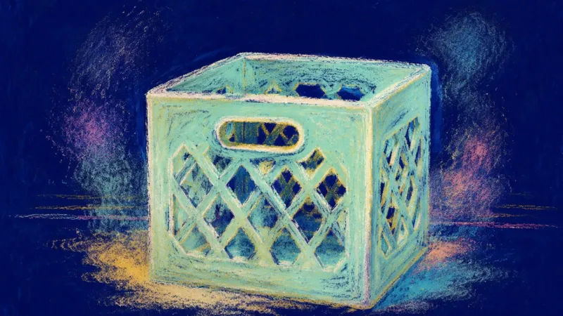 Chosen Framework A restored milk crate with an orderly grid, representing digital nomad freedom supported by routine,