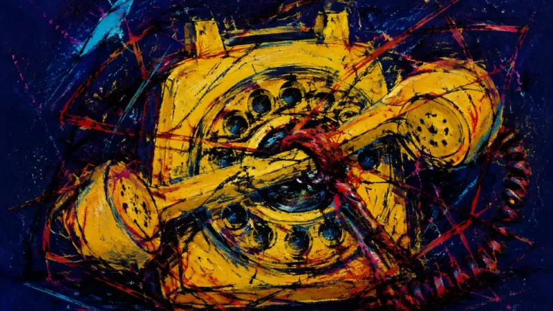 Dial Under Siege A distorted rotary telephone bound by chaotic lines, representing compulsive pursuit and lost self