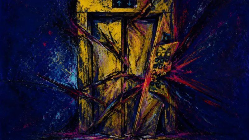 An abstract crushed elevator with a jammed button grid, representing compulsive overwork and career