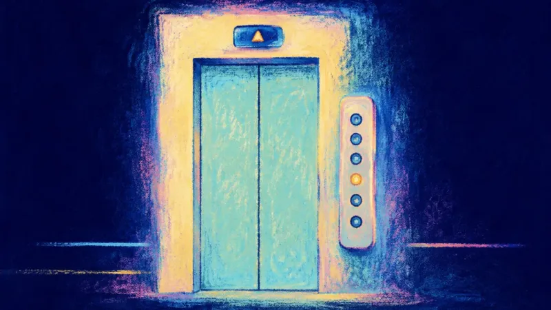 An abstract elevator restored to balanced order, representing career clarity and self-worth nolong