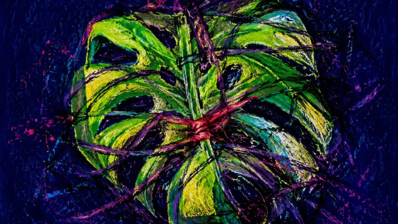 Recall Under Siege A contorted monstera leaf bound by dense crossing lines represents study streak anxiety and fear of