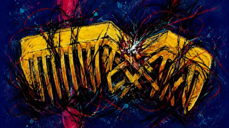 Spine of Suspicion A deformed comb bound by chaotic lines, representing friendship hypervigilance and the pressure to