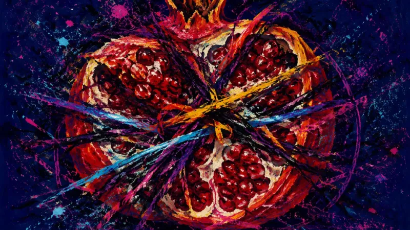 A crushed pomegranate section bound by chaotic lines, representing public vulnerability trapped in a