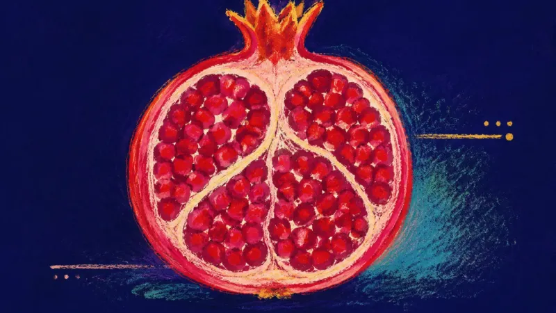 A restored pomegranate section with ordered chambers, representing vulnerability held by boundaries,