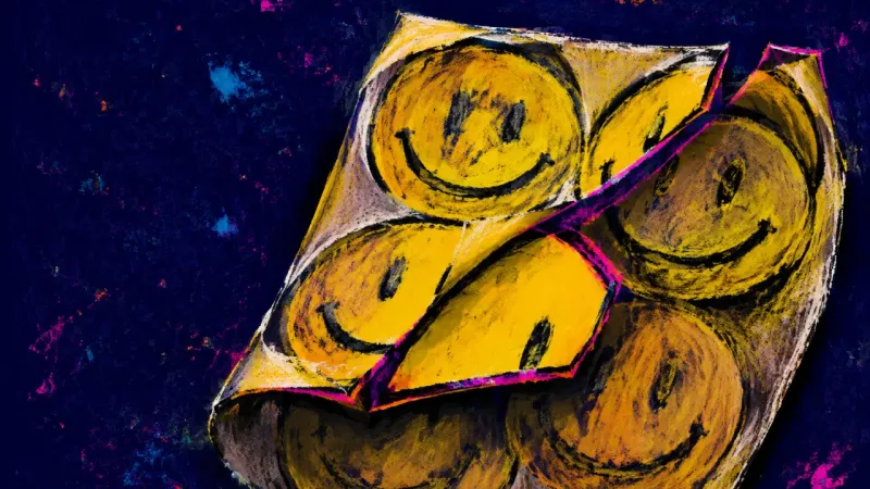 A sheet of overlapping smile stickers symbolizing pressure to appear positive while unresolved hurt