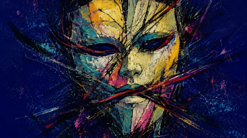 An abstract mask buckling under pressure, representing shame and fear of facing unresolved pain when
