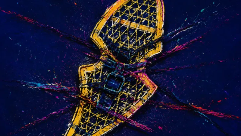 Cinched Passage A crushed snowshoe trapped in chaotic crossings, representing belonging anxiety and the pressure to