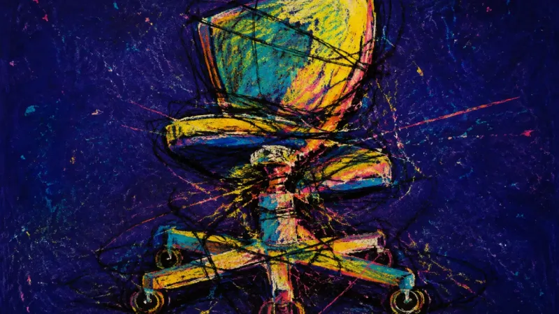 Seat of Compliance A crushed office chair bound by tangled marks represents identity drift and the pressure to remain